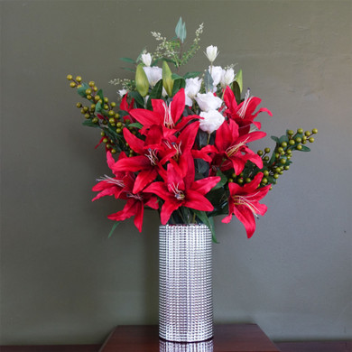 80cm Artificial Red Lily Arrangement Silver Glass Vase