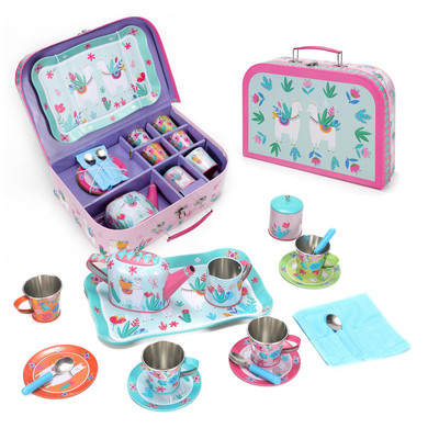 SOKA 18 Pcs Llama Metal Tin Kids Teapot Tea Party Set Carry Case Toy