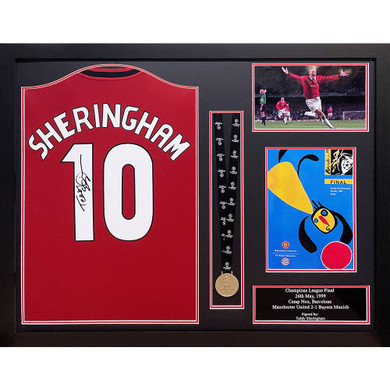 Manchester United FC Sheringham Signed Shirt & Medal (Framed) - Authentic 2019-2020 Season Memorabilia hand-signed by Teddy Sheringham