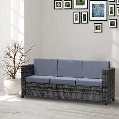 Outsunny 3-Seater Grey Rattan Outdoor Sofa with Cushions