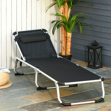 The Outsunny Folding Outdoor Reclining Sun Lounger Chair with Pillow in Black, showcasing a sleek and stylish design