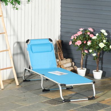The Outsunny Folding Outdoor Reclining Sun Lounger Chair with Pillow in Blue, featuring a vibrant and refreshing colour option