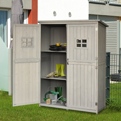 Outsunny Garden Shed W/Double Door, Pine Wood - Spacious and Stylish Outdoor Storage Solution with Three Shelves and Tilted Roof