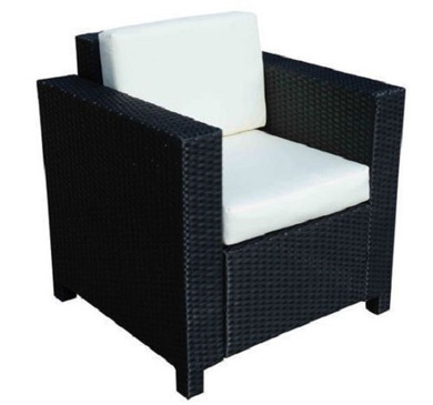 Outsunny Rattan Outdoor Garden Single Sofa Armchair in black colour, showcasing a chic square design with comfortable cushions. Made of durable PE rattan and a powder-coated metal frame, this waterproof chair is suitable for outdoor use. The chair features 10cm base cushions and 8cm back cushions filled with fire retardant sponge. Cushions are covered with removable and machine washable 180g polyester fabric. Available in Grey or Black. Dimensions: 75cm x 70cm x 80cm.
