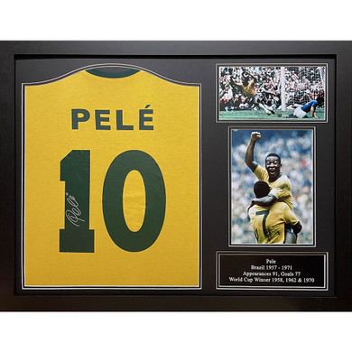 Brasil 1970 Pele Signed Shirt (Framed) - Autographed football memorabilia showcasing Pele's signature on the shirt number, presented in an 86cm x 66cm frame