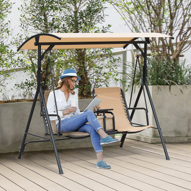 2-Seater Swing Chair  Canopy Sling Seats with Middle Table Cup Holders 