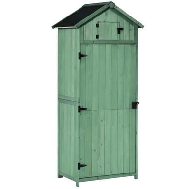 Outsunny Garden Shed Vertical Utility 3 Shelves Wood Tool Storage Unit Cabinet in green , ideal for organizing and storing garden tools and equipment