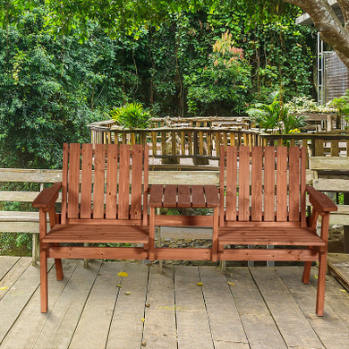 Outsunny Outdoor 2-Seater Furniture Wooden Garden Bench: A double hardwood chair set with a tea table in the middle, made of natural FSC certified fir wood. The bench features an orange colour and a backward sloping seat with armrests. Assembly required. Dimensions: 152cm x 70cm x 79cm