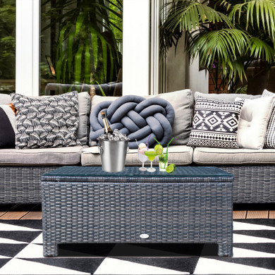 Outsunny Rattan Coffee Table with Glass Top - PE Wicker Rattan Coffee Table with Tempered Glass Top, Metal Frame, and Four Legs for Stability - Perfect for Outdoor Garden Spaces - 85cm x 50cm x 39cm.