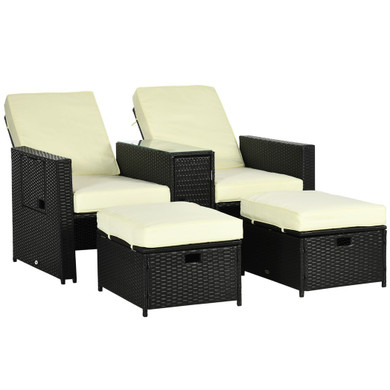 5-level Adjustable Rattan Sun Lounger w/ Storage Tea Table & Footstools, Balck