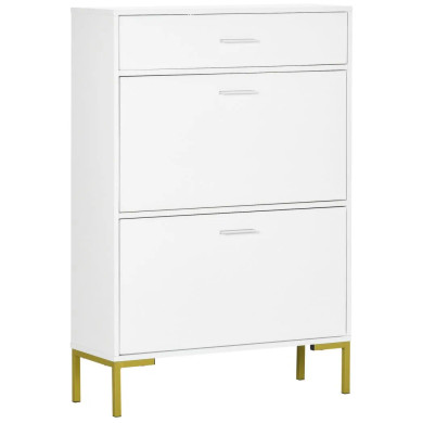 Elegant white shoe cupboard with gold-coloured feet, modern hallway storage organizer for 12 pairs of shoes. Slim design, sturdy construction. Easy assembly