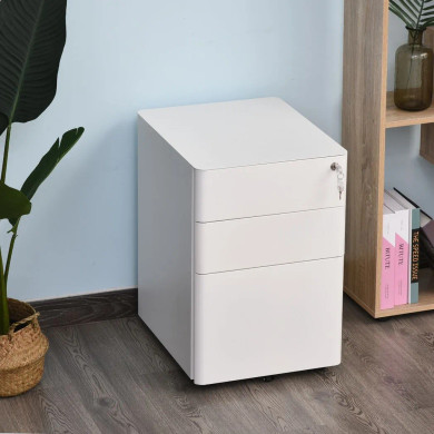 3 Drawer Metal Filing Cabinet Lockable 4 Wheels Compact Under Desk White