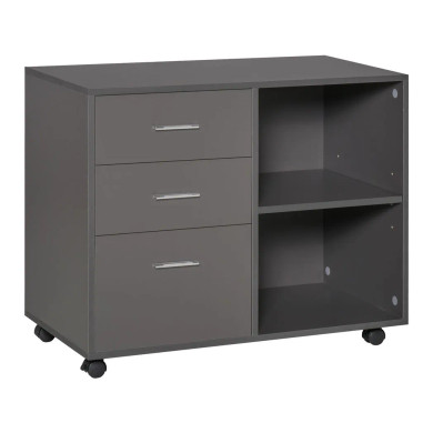 Freestanding Storage Cabinet w/ 3 Drawers 2 Shelves 4 Wheels Office Home Grey