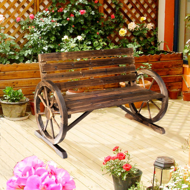 Outsunny Wagon Wheel Wooden Bench-Brown