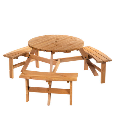 Outsunny Round Table W/3 Attached Benches-Fir Wood