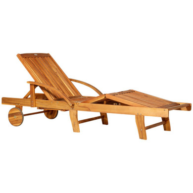 Garden Wood Sun Bed Lounger Chaise Recliner Adjustable Back Footrest w/ Wheels