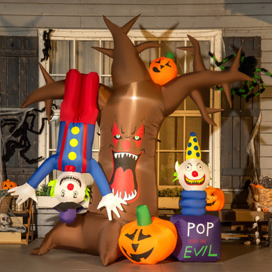  7ft Inflatable Halloween Ghost Tree with Upside-down Clown Pumpkins LED