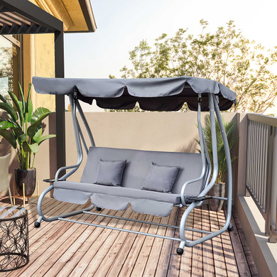 Outsunny 3-Seater Garden Hammock Swing Chair Bench Luxury W/2 Free Pillows-Grey 