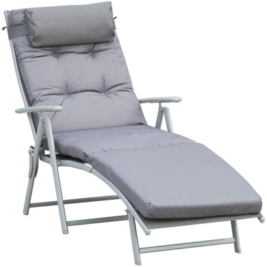 Outsunny Steel Frame Outdoor Garden Padded Sun Lounger w/ Pillow Grey 