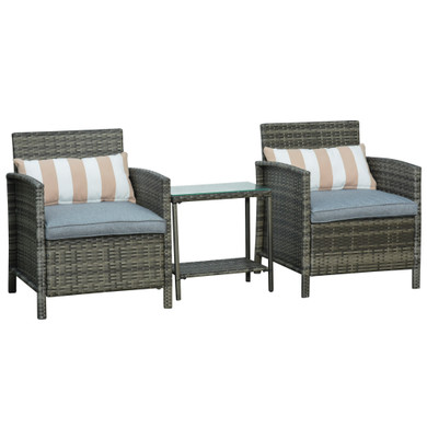 Outsunny 2-Seater PE Rattan Side Table & Armchair Set w/ Pillows Grey 