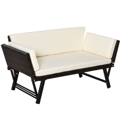 Outsunny 2-Seater 2-in-1 Rattan Convertible Sofa Daybed Brown 