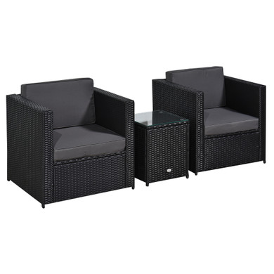 Outsunny 2 Seater Rattan Sofa  Furniture Set W/Cushions, Steel Frame-Black 