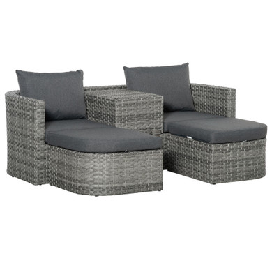 3PC PE Rattan Sofa Set, w/ Side Table, Large Daybed w/ Cushion, Mixed Grey
