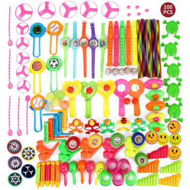 SOKA 100pc Party Bag Filler Toys - Assorted colourful toys including bouncing balls, spinning tops, and whistles