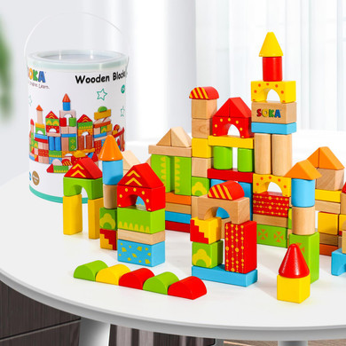 SOKA 100 pcs Wooden Building Blocks Shape Bricks Construction Toy 12 Months+