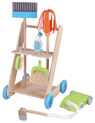 Lelin 11PC Wooden Toy Cleaning Cart Trolley Pretend Play Set for Kids