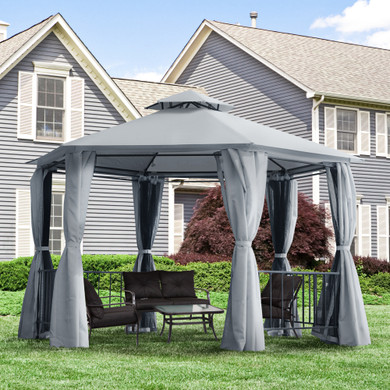  Hexagon Gazebo Patio Canopy Party Tent Outdoor Garden Shelter w/ 2 Tier Roof & Side Panel - Grey