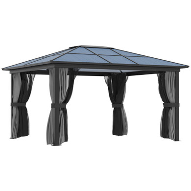 4x3.6m Aluminium Hardtop Gazebo Canopy w/ Polycarbonate Top, Curtains Outsunny