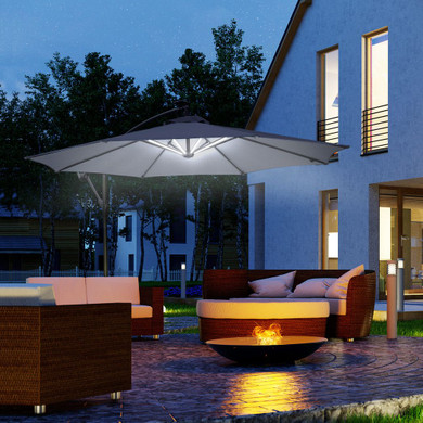 3m LED Patio Banana Umbrella Cantilever Parasol w/ Solar Lights & Base, Grey
