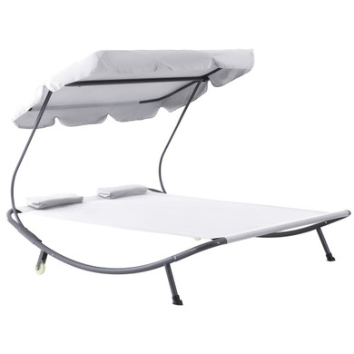 Double Hammock Sun Lounger Bed Canopy Shelter Wheels 2 Pillows Cream White