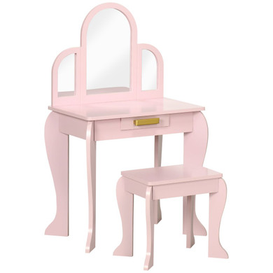 Pink Kids Dressing Table and Stool Set with Large Mirror and Drawer - Safe and Sturdy MDF Construction - Ideal for Ages 3-6