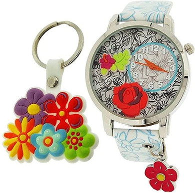 Time Design Kids Children Quartz Analogue Floral Watch Key Ring Set