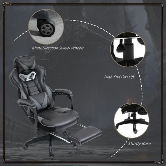 Gaming Chair Ergonomic Reclining w/ Manual Footrest Wheels Stylish Office Grey