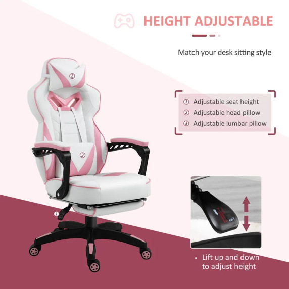 Gaming Chair Ergonomic Reclining w/ Manual Footrest Wheels Stylish Office Pink