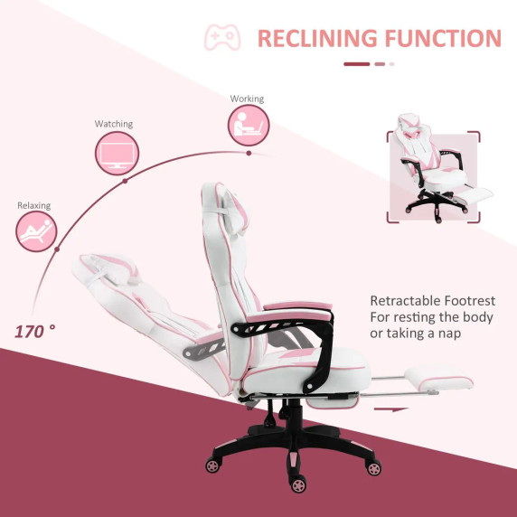 Gaming Chair Ergonomic Reclining w/ Manual Footrest Wheels Stylish Office Pink