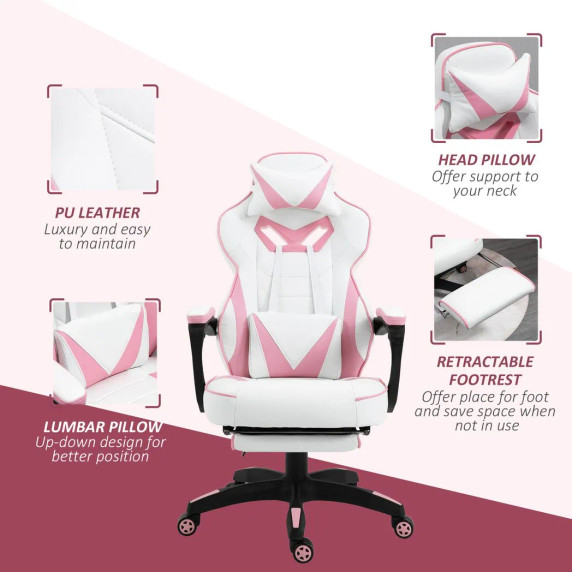 Gaming Chair Ergonomic Reclining w/ Manual Footrest Wheels Stylish Office Pink