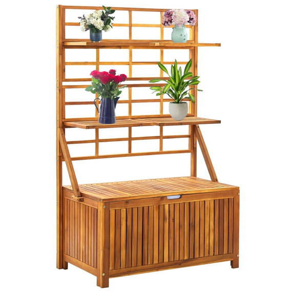 Stylish and durable outdoor storage box made from solid acacia wood, measuring 99x55x160 cm, with a trellis design on the sides for decorative purposes and climbing plants. Hinged lid opens smoothly with a gas lift mechanism, providing ample storage space for outdoor furniture cushions, garden tools, and other items. Assembly is easy with included hardware and instructions.