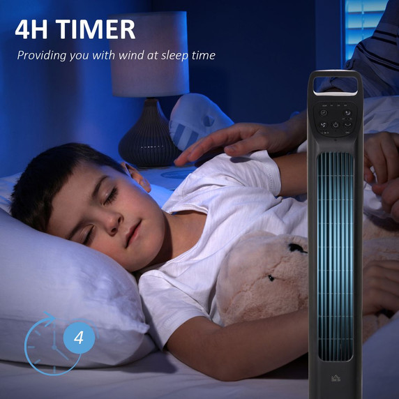 HOMCOM Oscillating Tower Fan Cooling with Remote and 4H Timer - Customizable Settings, 75° Oscillation, Slim Design - Ideal for Home and Office - Image of the tower fan with remote control and sleek design