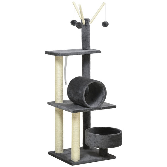 PawHut 121cm Cat Tree Tower with Sisal Scratching Posts Bed Tunnel Perch Grey - Multifunctional Cat Play Centre Image