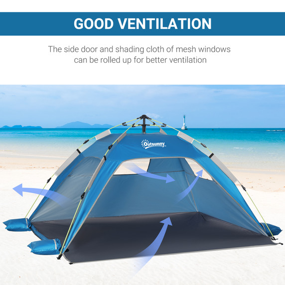 Outsunny 2 Man Pop-up Beach Tent Sun Shade Shelter Hut with Windows Door Blue - Easy setup and spacious design for a comfortable beach experience