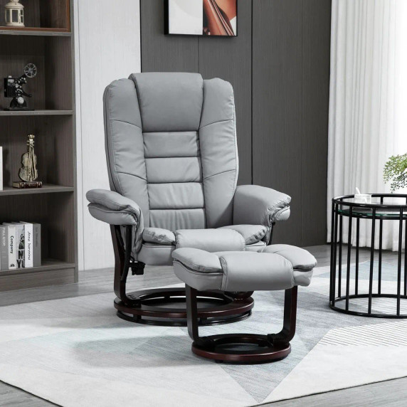 Swivel Manual Recliner and Footrest Set PU Lounge Chair Wood Base in Grey - Ultimate Comfort and Style