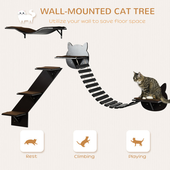 Three-Piece Wall-Mounted Cat Shelves w/ Jumping Platforms, Ladders - Brown