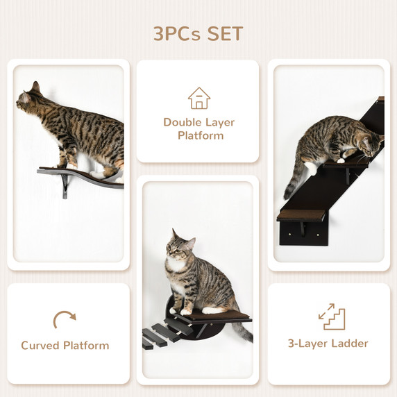 Three-Piece Wall-Mounted Cat Shelves w/ Jumping Platforms, Ladders - Brown