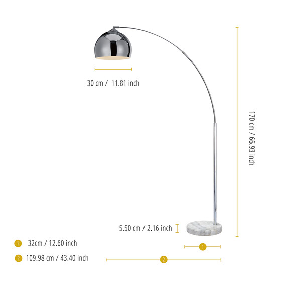 Teamson Home Arquer Arc Curved LED Floor Lamp & Shade, Modern Lighting, Chrome