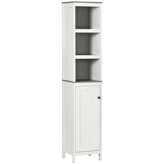 Kleankin Tall Bathroom Storage Cabinet in Antique White with Grey Wood Grain Finish - Slimline Design with Adjustable Shelf - Durable Particleboard Construction - Ideal for Compact Bathrooms