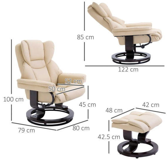 Padded PU Leather Manual Reclining Armchair Sofa Chair w/ Footstool Cream